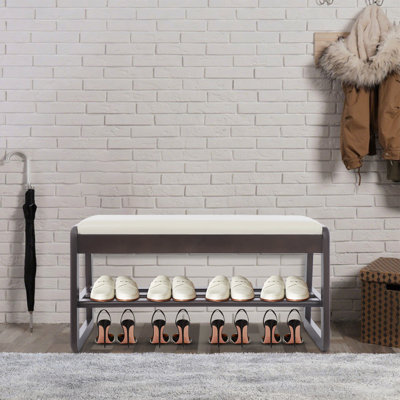 Banc de rangement pour chaussures en bois d'hévéa avec coussin en cuir ciré à l'huile 2 niveaux avec grille de rangement pour chaussures avec rangement dissimulé sous le siège