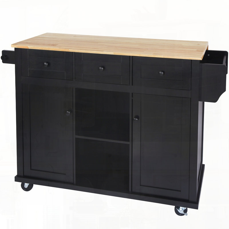 Kitchen Cart With Rubber Wood Drop-Leaf Countertop ,Cabinet Door Internal Storage Racks,Kitchen Island On 5 Wheels With Storage Cabinet And 3 Drawers For Dinning Room