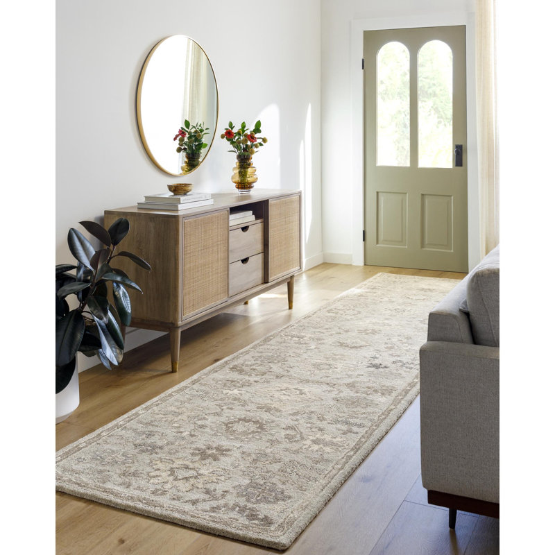 Tapis beige / gris en laine touffeté à la main Minonk, Tapis de couloir 3 pi x 12 pi