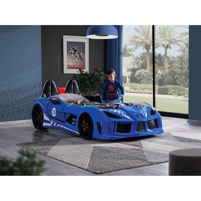 Modern Twin Size Blue Race Car Bed With Upholstery, Magnetic Doors, Led Lights, Headlights As Night 4 Sound Remote Featuring Novelty Design, Opening Lights On Wheels, Upholstered Headboard, Options