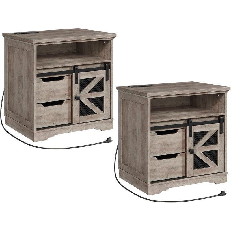 Ensemble de 2 tables de bout Brisson l 23,6 po avec station de charge, table d'appoint avec 2 tiroirs et porte de grange, table de chevet en bois pour chambre à coucher et salon Brisson