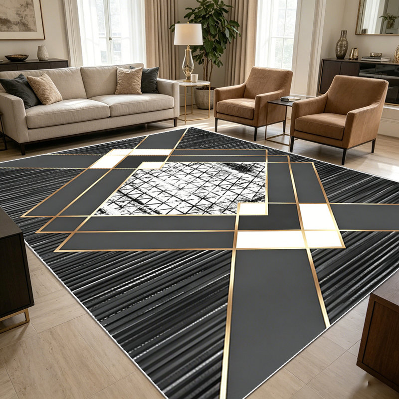 1PC Modern Geometric Gold Accent Striped Dark Grey Distressed Diamond Pattern area rugs for Living Room, Soft and Comfortable, Suitable for all seasons, easy-to-maintain, machine washable Indoor floor mat, Under Table Farmhouse suitable for living