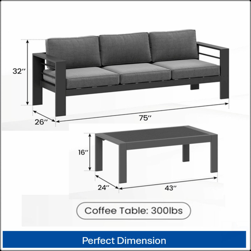 Ensemble de patio d'extérieur 2 pièces avec canapé 3 pièces en métal 75 po toutes saisons et table basse 43 po, coussins gris épais, structure grise