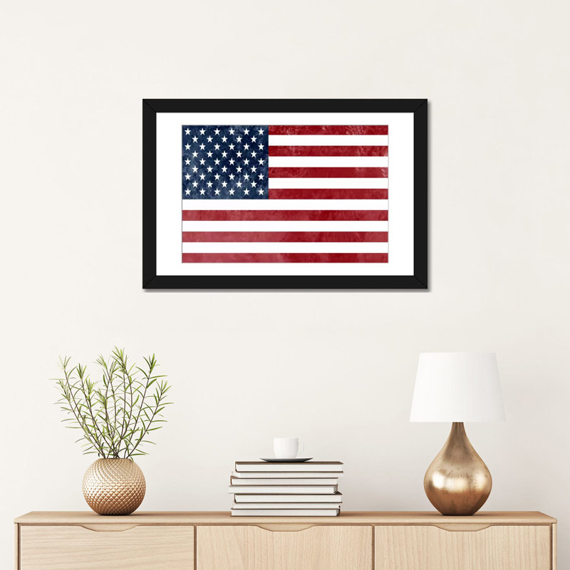 « flags u.s.a. », impression sur toile, H 16 po x l 24 po x P 1 po, Papier beaux-arts encadré noir, Blanc