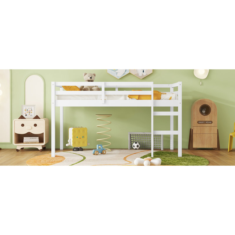 Lit mezzanine simple en bois massif et en bois d'hévéa avec échelle, plateforme de lattes renforcées, blanc, Blanc