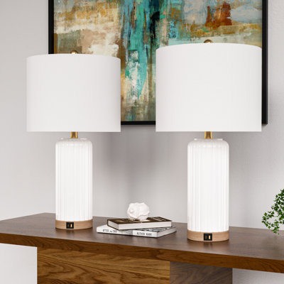 Brigitzer 24,5 po blanc moderne en céramique à intensité variable pour chambre à coucher salon bureau table de chevet lampes de table avec abat-jour tambour en lin blanc et port USB