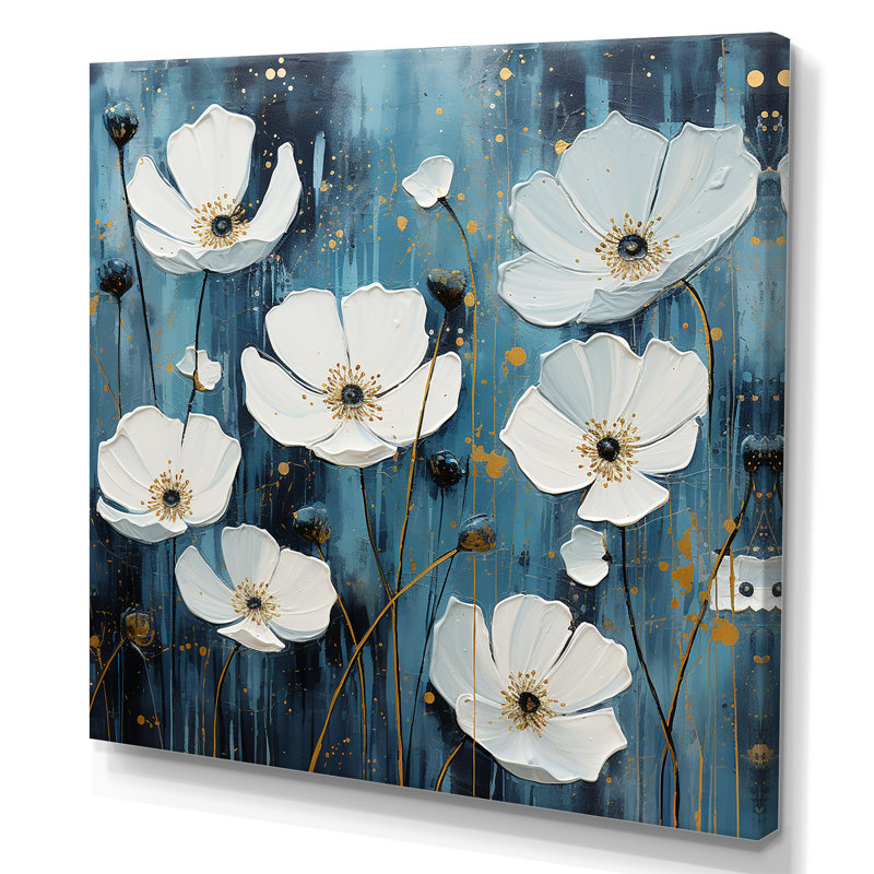 «White and Blue Buttercups Minimalisme II», reproduction sur toile, Toile tendue, H 24 po x l 24 po x P 1 po