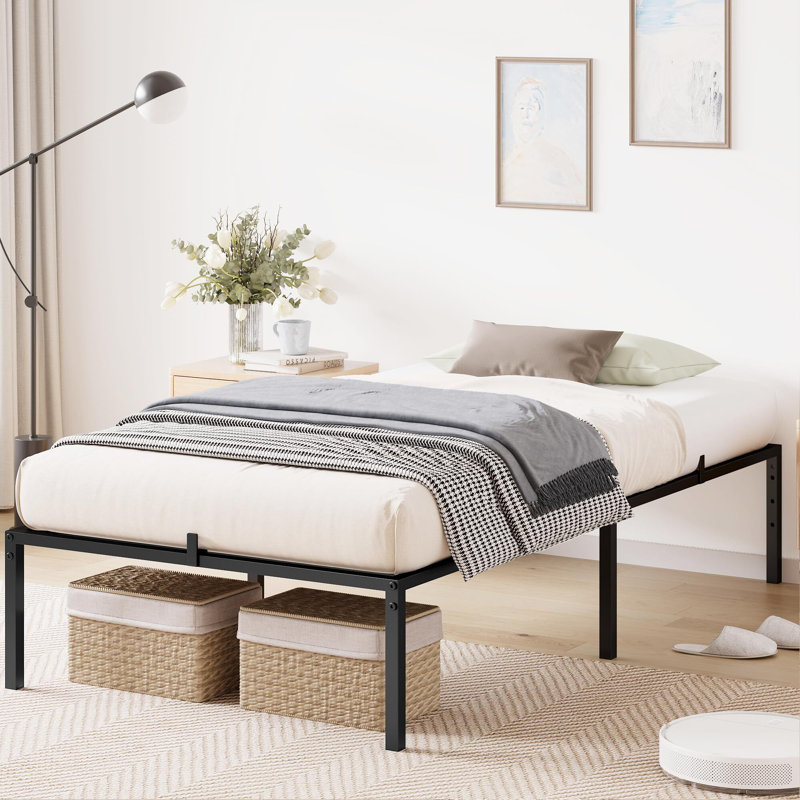 Cadre de lit en métal, aucun sommier requis, cadre de lit plateforme robuste pour la chambre à coucher, assemblage facile, silencieux, noir