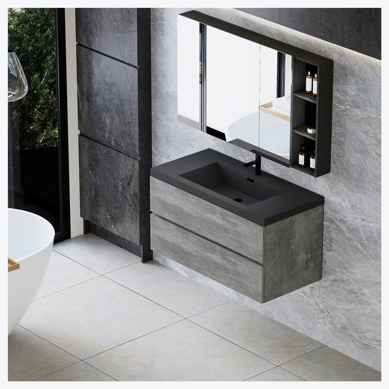 Meuble-lavabo mural 42 po avec lavabo et rangement mural moderne, Noir, noir, noir, noir, Gris