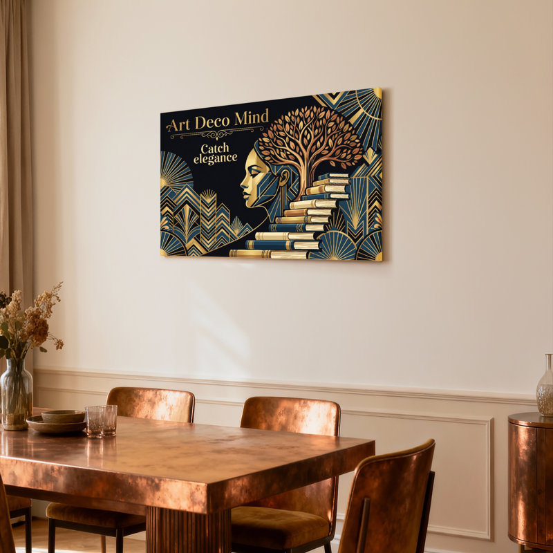 Ensemble de 1 tableau sur toile Art déco représentant un arbre et des livres, H 28 po x l 40 po