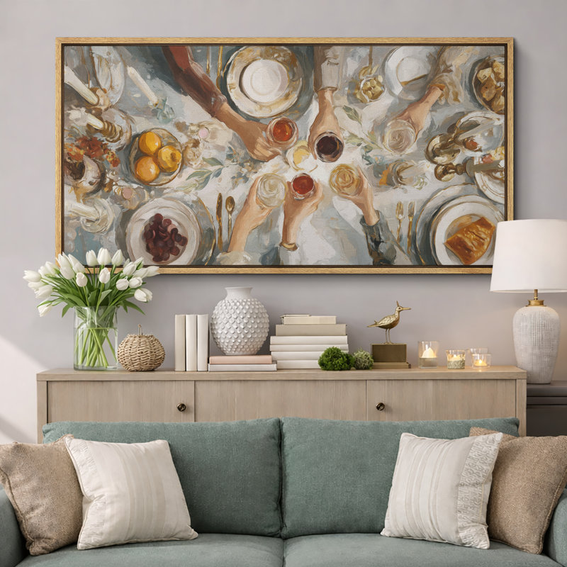 Neutral Toned Feast Celebration Artwork Extra Large Pictures Framed Canvas Print Wall Art, 30" H x 60" W, Natural