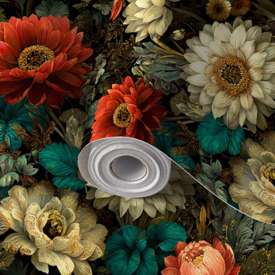 Papier peint adhésif peler et coller en PVC, revêtement mural auto-adhésif amovible avec imprimé floral doré vert forêt rétro élégant, imperméable pour la décoration intérieure - Rouleau