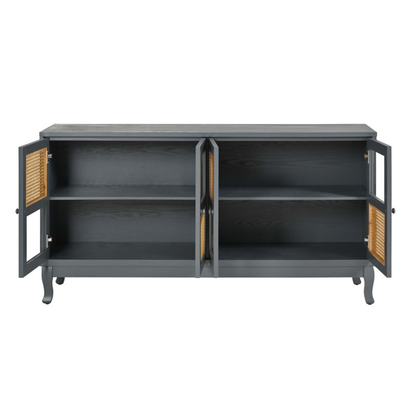 Retro 4-Door Sideboard With Large Storage Space Artificial Rattan Doors And Transparent Glass, Antique Dark Gray