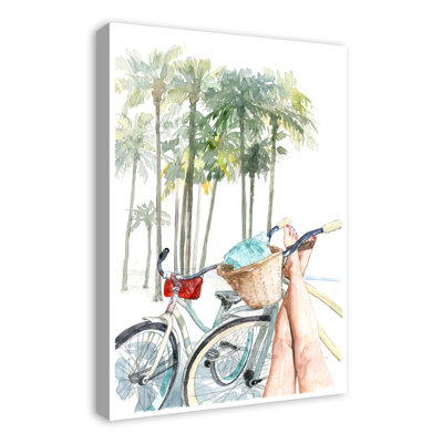 «Painted Holiday Bikes And Palm Tree Relaxing», reproduction sur toile sans cadre