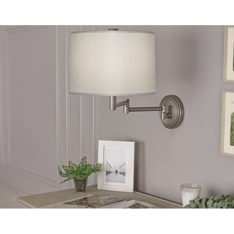 Sofia Solid Brass Plug-in Swing Arm Sconce, White Linen, Dark Antique Nickel