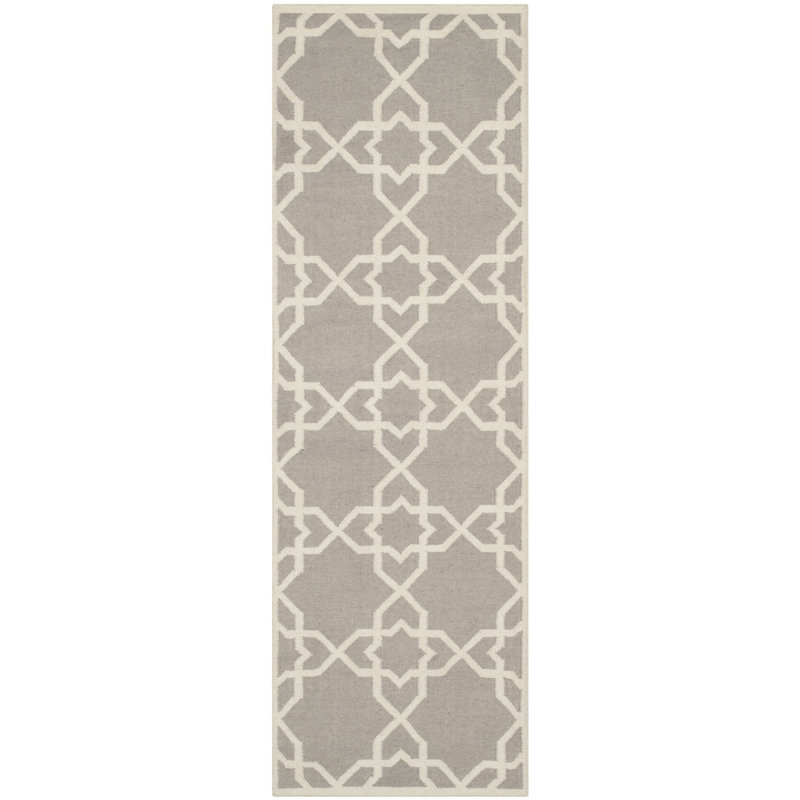 Rodgers Hand Woven Flat Weave Wool/Cotton Geometric Rug in Ivory/Gray, Runner 2'6" x 8'