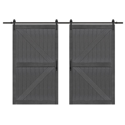 S&Z Tophand® 24In X 84In Double Mdf Elephant Grey Barn Door With 8Ft Sliding Door Hardware Kit , Solid Barn Door Slab Covered With Water-Proof Pvc Surface