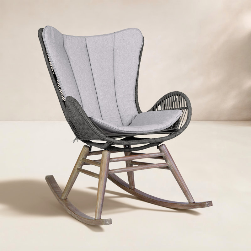 Chaise berçante d'extérieur en bois massif avec coussins Cabane, Gris clair / noir