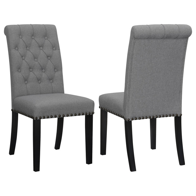 Chaise d'appoint capitonnée Jackye avec garniture cloutée, Gris, Espresso rustique