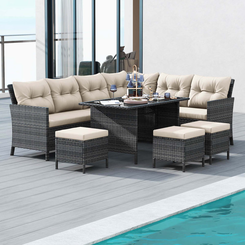 Ensemble de canapé modulaire en rotin 7 pièces avec coussins moelleux 7 pièces, Beige
