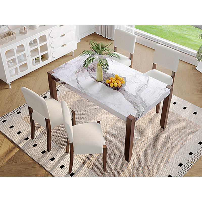 Ensemble de table de salle à manger 5 pièces pour 4 personnes, table de style faux marbre de 46 po et 4 chaises rembourrées avec pieds en bois d'hévéa massif, siège rembourré, dossier incurvé, ensemble de coin-repas compact pour la salle à manger, blanc