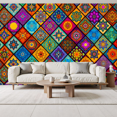 Mexican Peel and Stick Wallpaper Colorful Geometric Floral Tile Mandala Motifs Vibrant Mosaic Design Wall Murals 69"H x 96"W Removable PVC Wall Paper Self-Adhesive Wall Decor for Bedroom Living Room Home Office