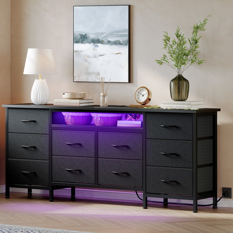 63" TV Stand Dresser with 10 Storage Drawers, Power Outlets & LED Lights, Wide Dresser Organizer Entertainment Center, Black