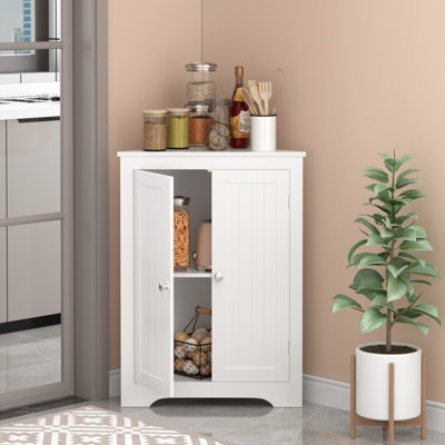 Armoire de plancher au sol avec 2 portes et tablettes réglables, armoire de rangement étroite autoportante, armoire de rangement en coin