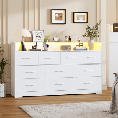 10 Drawer Dresser for Bedroom - 65" Wide Chest of Drawers with Large Storage Space and Charging Station, Modern TV Stand Organizer Cabinet with Open Shelf Table for Living Room, Hallway, White