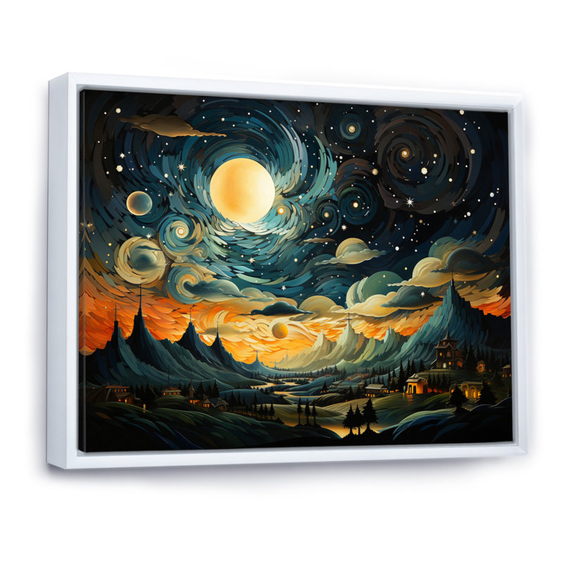 Collage symphonique céleste orange et bleu ciel II, H 16 po x l 32 po x P 1 po, Cadre flottant blanc
