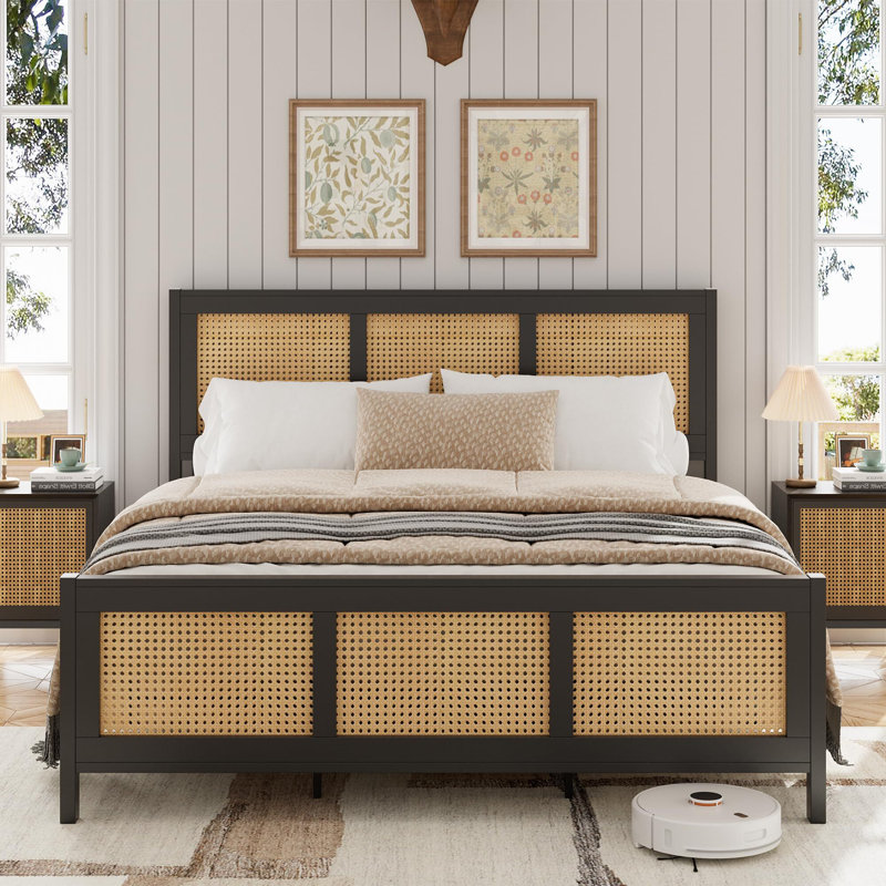 Queen Black Wood and Rattan Platform Bed Frame with Headboard