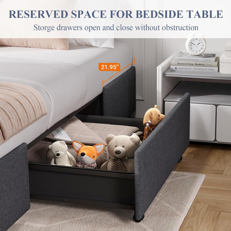 Lit plateforme gris Queen avec rangement et 3 tiroirs – Sommier non inclus, montage facile, Grand lit