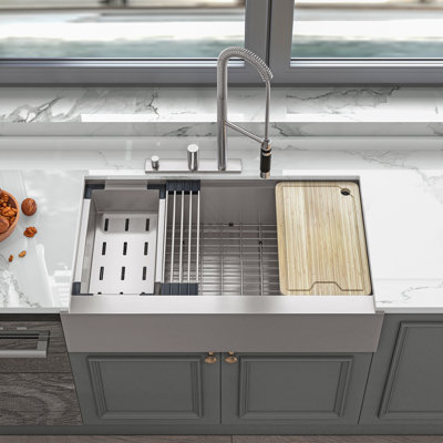 Évier de cuisine Sinber 36 po à tablier frontal et cuve unique, acier inoxydable T304 de calibre 16, fini satiné