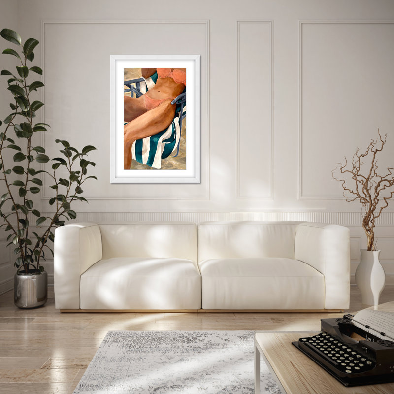 Coastal Retreat Riviera Retreat: Woman Lounging On Beach Towel And Chair, 48" H x 32" W x 1.125" D, Framed Matted Print