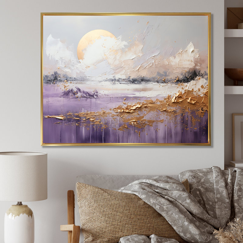 «Mauve et or», lac et montagne IV, impression sur toile encadrée, H 34 po x l 44 po x P 1,5 po, Cadre flottant doré