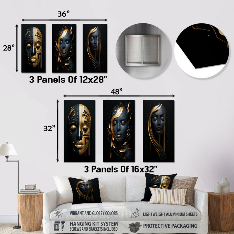 Ensemble de 3 décorations murales célestes en or et en noir, H 28 po x l 36 po