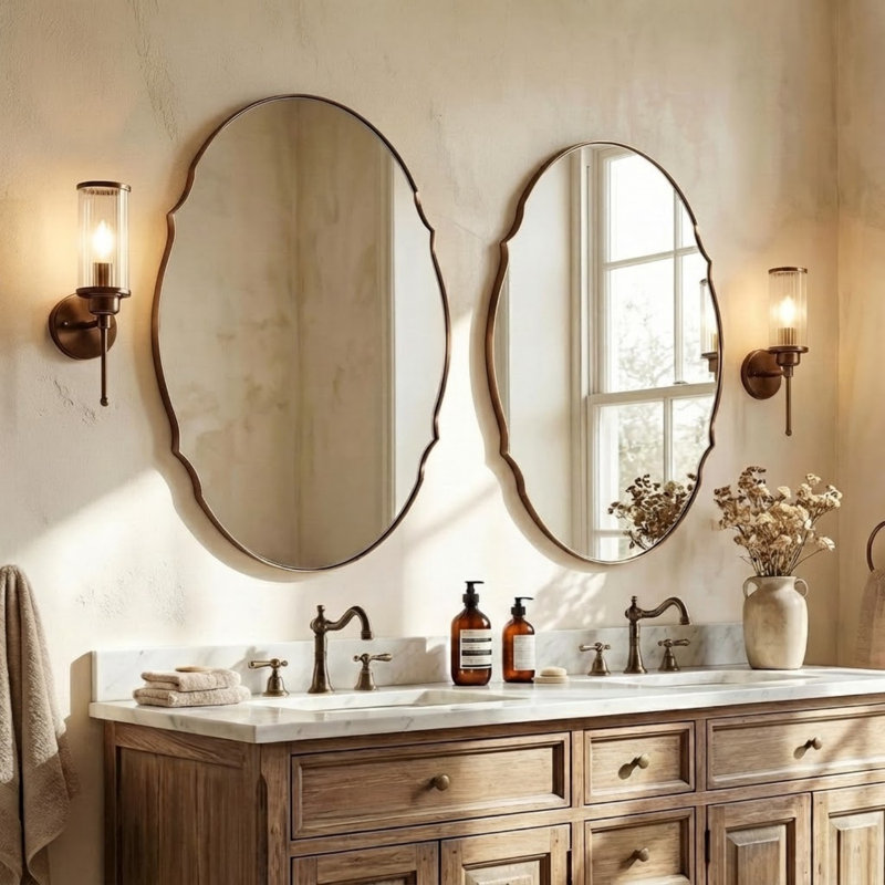 Contemporary Oval Scalloped Wall Mirror Irregular Bathroom Vanity Mirror | Stainless Steel Frame, Brushed Bronze, 40" x 30"