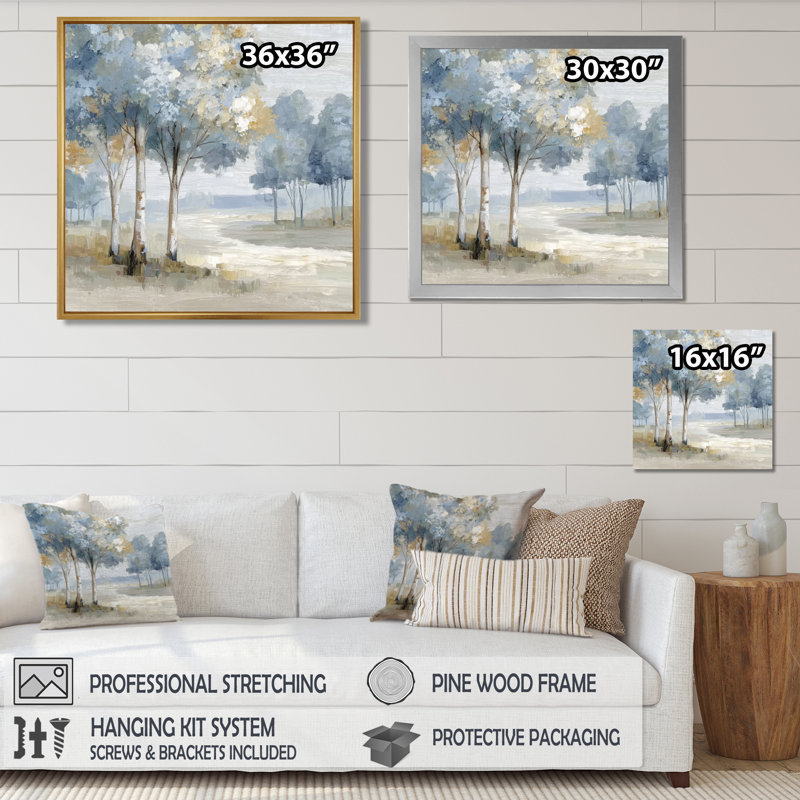 «Sprint Time Floral Trees Forest Dream - Trees», reproduction d'art sur toile bleu nature, H 36 po x l 36 po, Cadre flottant