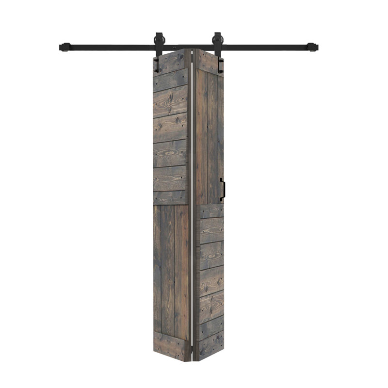 Porte à deux branches en bois massif en forme de S avec rail de quincaillerie - Assemblage requis, Gris fumé, 24 po x 80 po