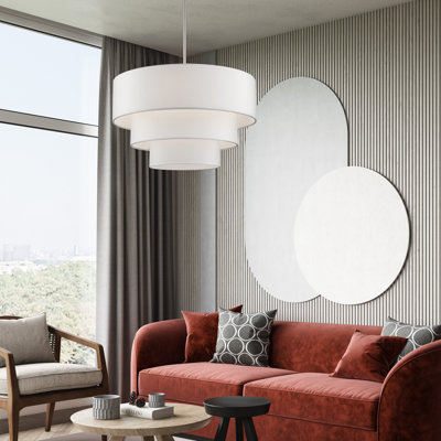 Lustre suspendu moyen en bronze 5 lumières avec abat-jour rigide en tissu blanc cassé fabriqué à la main
