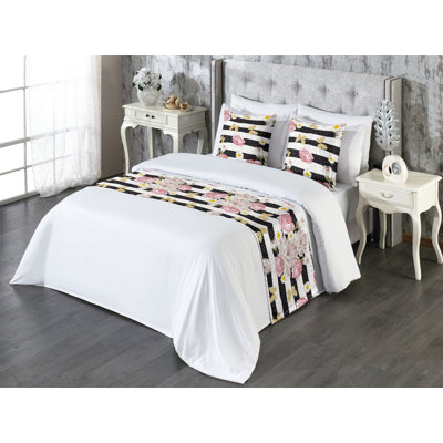 Ambesonne Spring Floral Bed Runner Set Blooms Boho Butterfly Pale Pink Pale Mustard