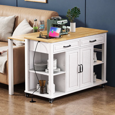 47" Kitchen Island with Extendable Dining Table & Power Outlet | Black Rubber Wood Veneer Rolling Cart with Internal Storage Racks, 2 Drawers & 2 Cabinets – Mobile Prep Station for Kitchen, Dining, or Small Spaces