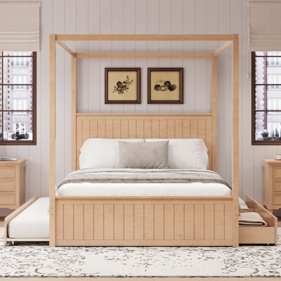Modern Queen Size Canopy Platform Bed with Trundle and Three Storage Drawers,4-Post Solid Wood Bed Frame with Headboard,No Box Spring Needed