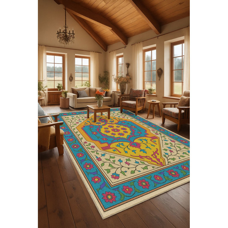 Tapis bleu tissé à envers lavable traditionnel Mosso, 3'3" x 4'11"