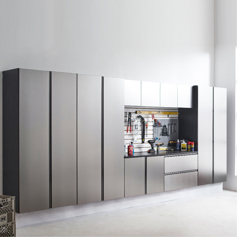 Armoire montée au garage gris métallique Series - Mur, fermeture en douceur, rangement extra profond, chaleur de l'eau, mur anti-taches avec design, espace de rangement, résistance à la chaleur et caractéristiques