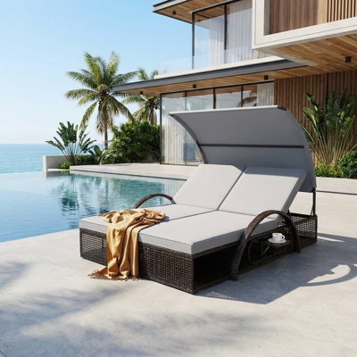 Traditional Outdoor Double Chaise Lounge With Cushions And Sun Canopy