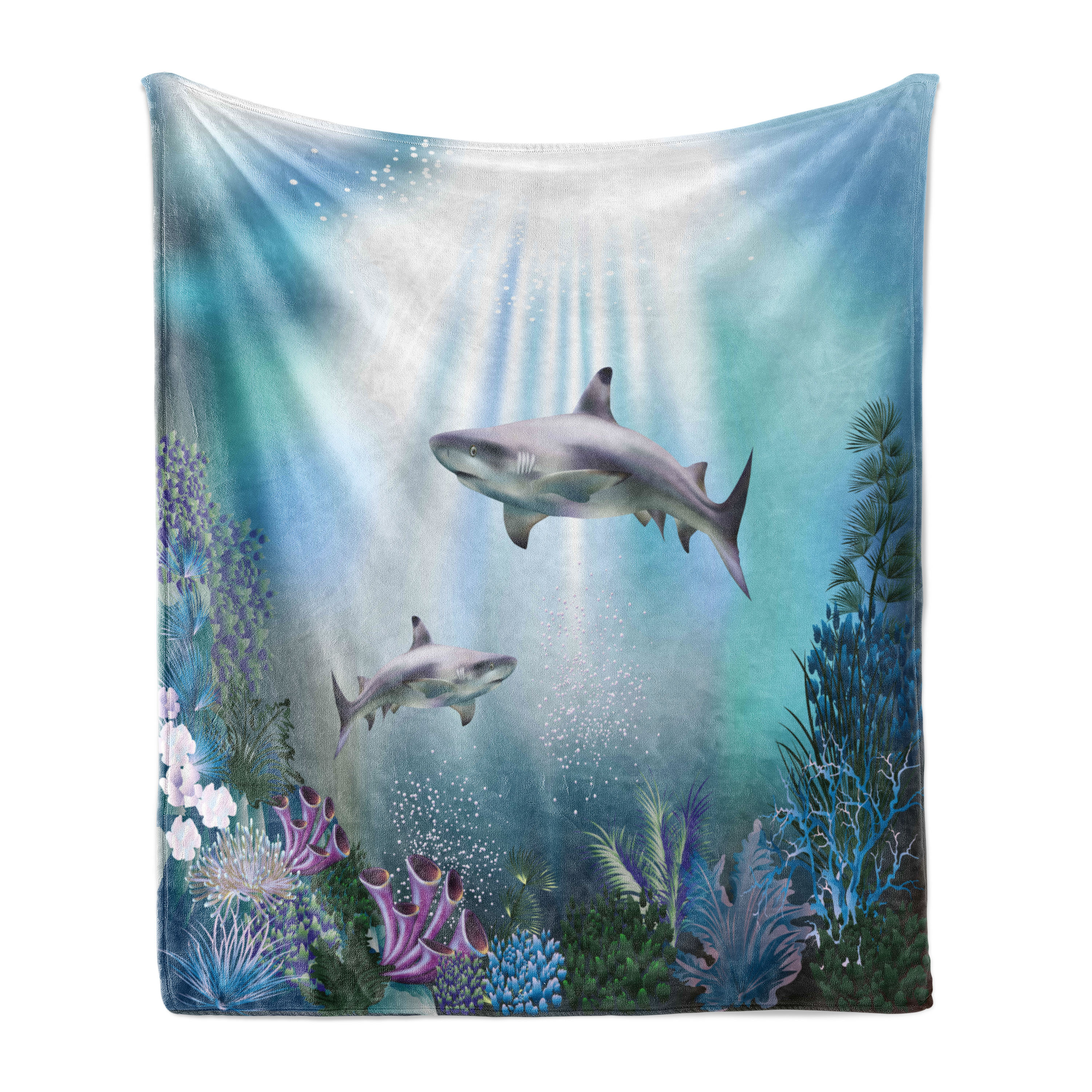 Ambesonne Underwater Fleece Throw Blanket Sharks Coral Aquatic