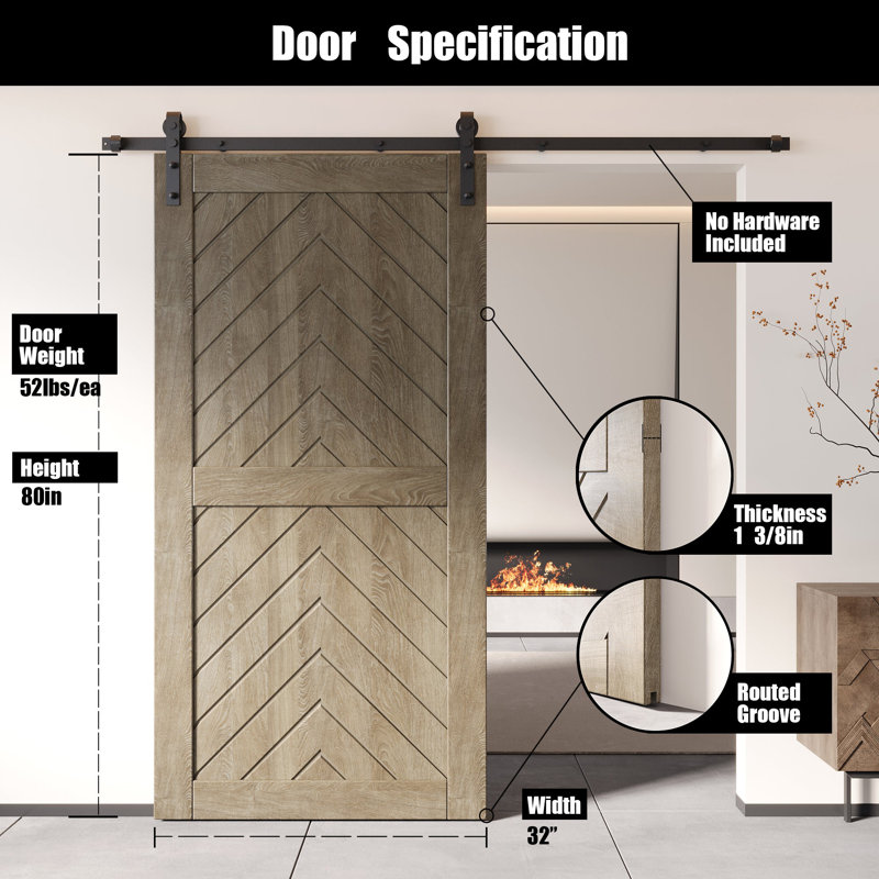 Porte de grange en bois de pin 4-en-1 à finition grise et non assemblée de 32 po x 80 po Homacer de Homacer (usage intérieur seulement)