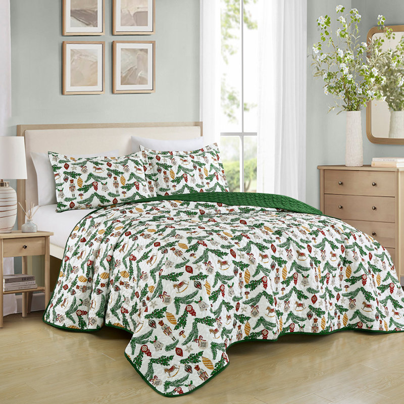 3 Pcs Christmas Evergreen Print Bedspread Set, King Quilt + 2 Shams