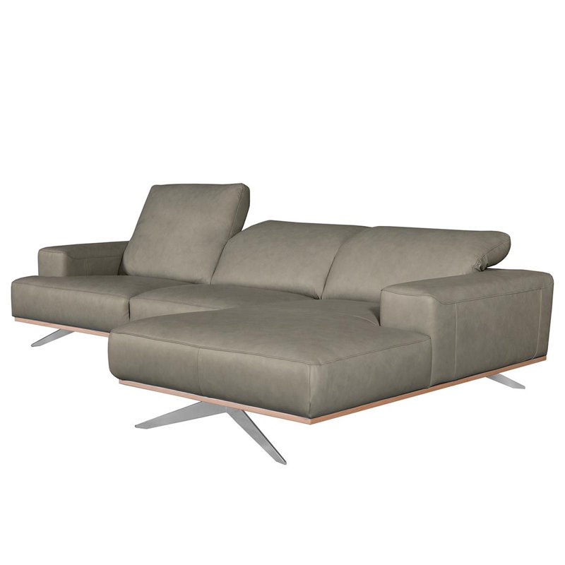 Canapé d'angle en cuir véritable Edeltraut avec structure en bois, Gris, Orienté à droite
